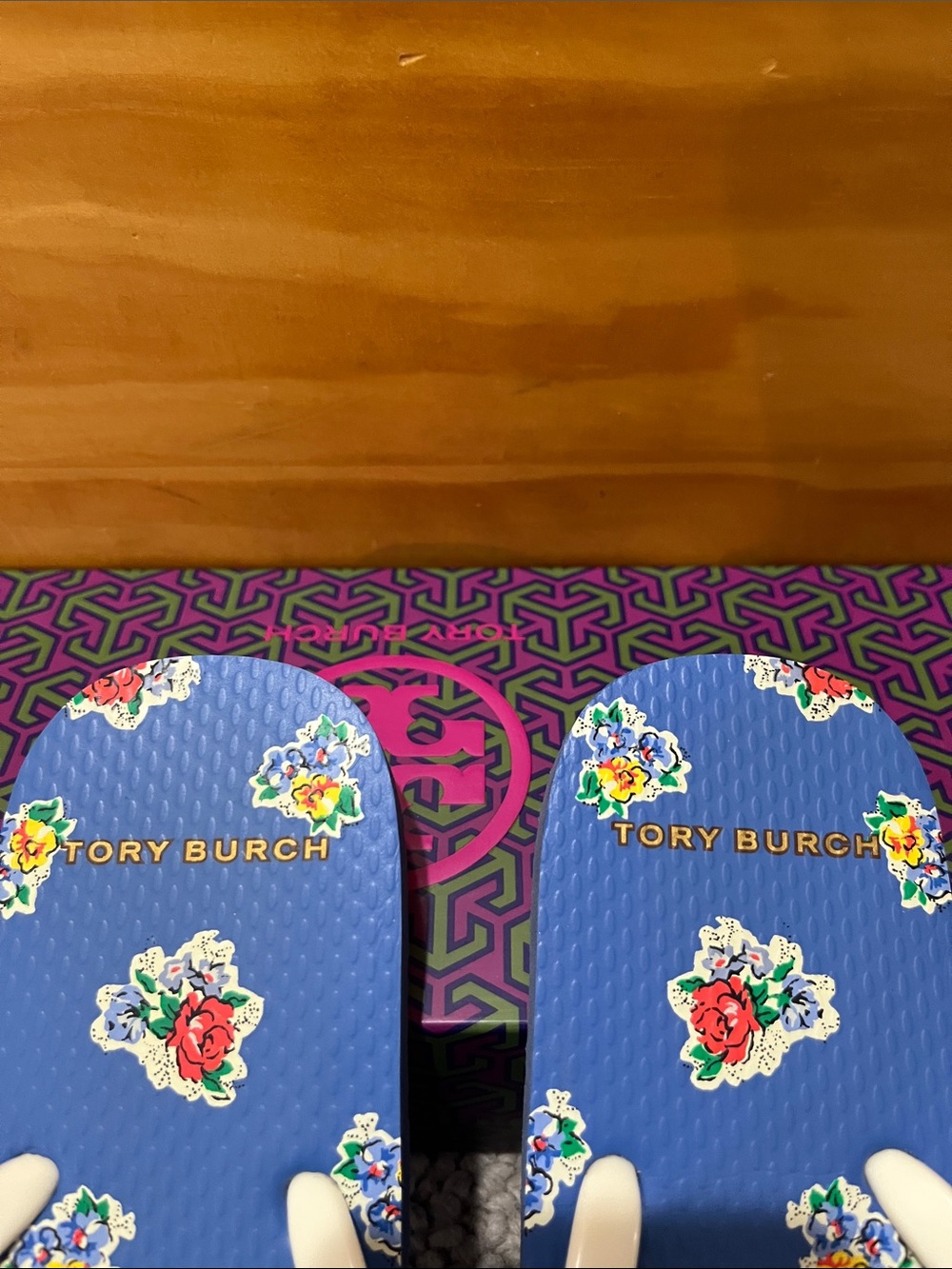 Tory Burch Blue Floral Flip Flops with White Straps - Picture 7 of 8